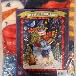 NWT Peace On Earth Snowman Fleece Throw Blanket 51x64" Designed By Tricia Santry